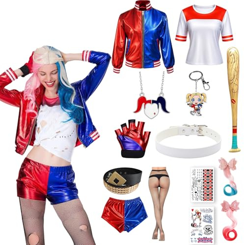 JrnSvp Harley Kostüm Damen, Halloween Kostüm Damen, 13 Stück Cosplay Set für Halloween und Karneval, Inklusive Perücke, Jacke und Zubehör, für Karneval Cosplay Faschings Halloween(S/M/L)
