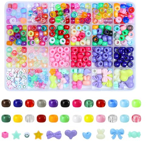 Gkelaly 6x9mm Bunte Pony Perlen Zum Auffädeln,Kandi Perlen Set mit Großem Loch,Sterne,Herzen und Smiley Bastelperlen für Armbänder, Halsketten, Haarflechten