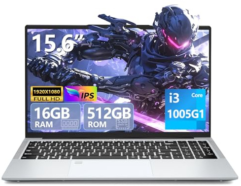 Ordinateur Portable 15,6 Pouces Core i3-1005G1 Processeur 16 Go DDR4 RAM 512 Go SSD Win 11 PC Portable Clavier Rétroéclairé Déverrouillage Empreinte Digitale USB-C Mini-HDMI Batterie 6000 mAh/46 Wh