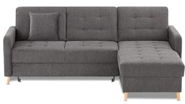 KHG Ecksofa -222x87x162cm- mit Schlaffunktion und Bettkasten, Anthrazit, rechts, Mikrofaser, Massivholzfüße, skandinavisches Design, komfortabel & platzsparend