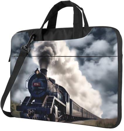 KCGSDEGV Laptoptasche mit Dampfzug und Wolken, dreilagiger Schutz, stoßfest, Crossbody-Laptop-Umhängetasche für Damen und Herren, Schwarz , 14 inch