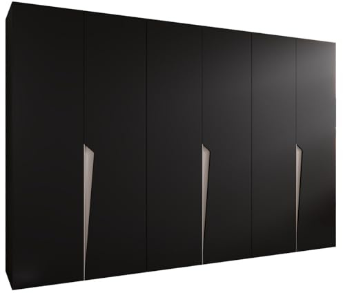 MEBLE KRYSPOL - Kleiderschrank - Garderobenschrank - 300 cm x 202 x 52 cm - Schrank mit Kleiderstange, 6 Türen - für Schlafzimmer, Flur - Piano, Schwarz, Griff Kaschmir