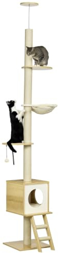 PawHut Kratzbaum deckenhoch Höhe 240–260 cm mehrstöckig Hellbraun+Beige | Katzenkratzbaum Kletterbaum, Für Katzen Bis 5 Kg, Plüschball, Sisalstämme, Katzenhöhle, Hängematte, Plattformen