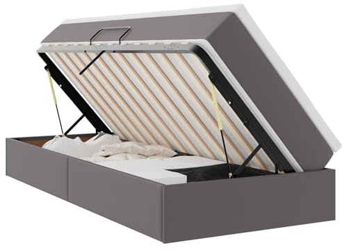 XHNIFBN Polsterbett 90x200 cm mit Matratze und Lattenrost, Bettkasten Kunstleder grau, hydraulisch klappbarer Stauraum, modernes Schlafsofa Einzelbett für Jugendzimmer Gästezimmer Wohnung