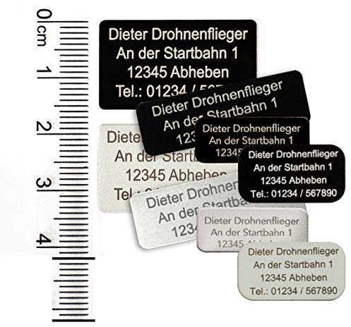 MJ Drohnen-Kennzeichen, Namensschild oder mit ab 2021 geforderte e-ID, bis zu 3 Zeilen, 30x10mm, Alu eloxiert Silber, selbstklebend