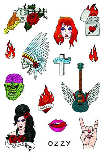 Set Rock And Roll della Tatsy, Tatuaggi Temporanei di Qualità, Per Uomo e Donna, Tatuaggi Copertura Stile Rock, Kit per Feste Rock and Roll, Chitarra Sabbath Ozzy Libertà Rehab