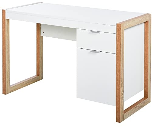 HOMCOM Mesa de Escritorio Mesa de Ordenador Espaciosa con Cajón Armario Patas de Forma Rectangular Estilo Moderno Decoración Adicional 112,5x50x75,5 cm Blanco