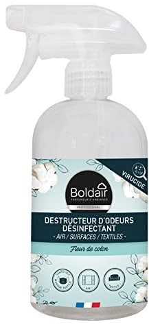 BOLDAIR - Destructeur d'odeurs désinfectant - Parfume pendant des heures - Désinfecte air, surfaces et textiles - Fleur de coton - Sans colorant - Désodorise en 5secs - 500ml - Fabrication Française