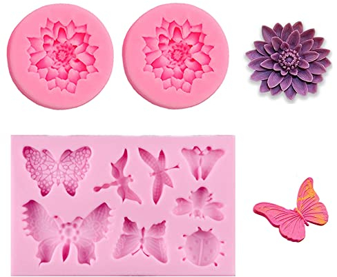 Hezhou 3 piezas Moldes de silicona para fondant moldes de silicona de mariposa Silicona Moldes Forma Loto Flor moldes de silicona antiadherentes Molde de silicona para insectos para decoración