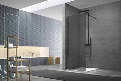 Swiss Aqua Technologies - Walk-in Set Duschabtrennung, 77 x 200 cm, aus Rauchglas, inkl. Montagearm + Profil, Schwarz (WI80KS-SET) – WI80KS-SET