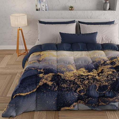 PETTI Artigiani Italiani - Trapunta Singola Invernale, Piumone Singolo, Trapunta Double Face Tinta Unita e Stampa Digitale Marble Blu Notte, Made in Italy