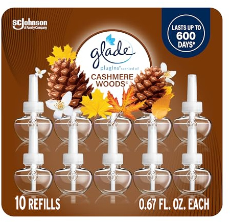 Glade PlugIns Refills Air Freshener, Scented and Essential Oils for Home and Bathroom, Cashmere Woods, 6.7 Fl Oz, 10 Count