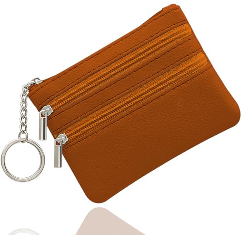 SENLINLU Women's Genuine Leather Coin Purse, Change Wallet, Mini Pouch Change Wallet, Zipper Mini Cash Wallet with Key Ring, Brown (LQB-ZE-01)
