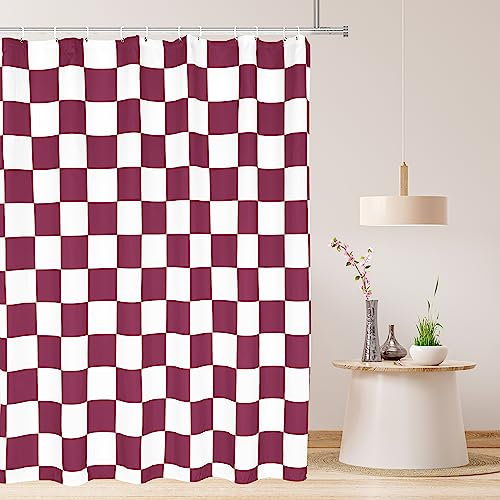 Tititex Rideau de douche esthétique à motif quadrillage - Blanc bordeaux et rouge - Décoration moderne - 180 x 180 cm - Avec crochets