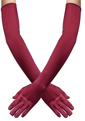 55 CM Damen Lange Satin Handschuhe, Dehnbar Ellbogen Opernhandschuhe, 1920er Stil Abendhandschuhe für Hochzeit, Karneval, Mottoparty, Abschlussfeier (Weinrot)