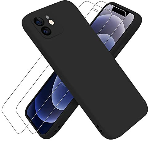 Coque en Silicone pour iPhone 12 6,1 Pouces + 2 Verre Trempé Protection écran,Housse Etui iPhone12,Protection de Caméra Intégré,Souple Anti-Chocs Anti-Rayure,Doublure Douce en Tissu Microfibre,Noir