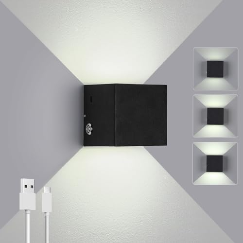ENCOFT LED Wandleuchte Innen Ohne Stromanschluss Wandlampe Akku Dimmbar 4000mAh Wiederaufladbar mit Schalter Up Down Wandleuchtung für Schlafzimmer Wohnzimmer Treppen Flur Kaltweiß Schwarz