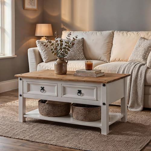 IDIMEX Table Basse Campo Table d'appoint rectangulaire en pin Massif Blanc et Brun avec 2 tiroirs, en Bois dim 100 x 45 x 60 cm