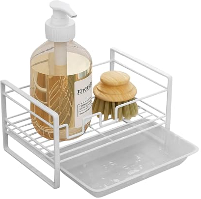 Esponja Soporte para Fregadero de Cocina con Bandeja de Drenaje Extraíble, 18 x 12 x 10 cm Cepillo de Hierro Blanco Bandeja para Platos Escurridor Fregadero Organizador