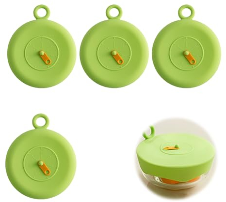 Couvercle Silicone Alimentaire, CHSEROK 4 Pièces Couvercle Etirable en Silicone avec Horaire, 10 cm Couvre plat Reutilisable Sans BPA Convient aux Tasses, Verres, Boissons, Canettes de Boisson(vert)