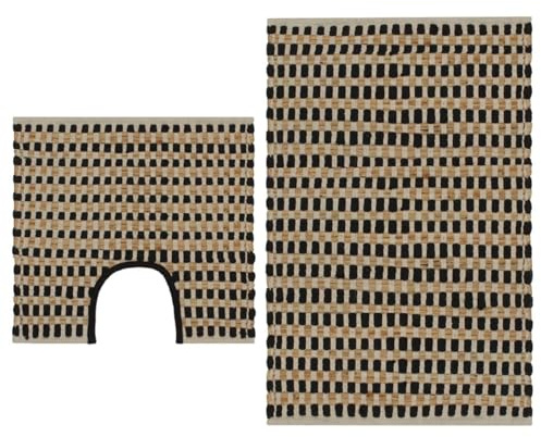 LAPOOH Handgewebtes Badematten-Set Jute Stoff Natur und Schwarz, Carpet, Area Rug, Teppiche Wohnzimmer, Büroteppich, Teppischwhonzimmer, Schlafzimmer 133220