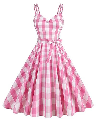 Robe Longue Vintage à Carreaux Vichy Rose, Bretelles Spaghetti, Robe trapèze rétro pour fête d'anniversaire, Devant froncé, Robes d'été pour Femmes