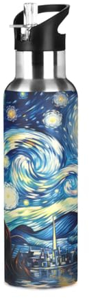 KAAVIYO Van Gogh Art Lune Bouteille d'eau Isotherme avec Paille en Acier Inoxydable Gourde 600ML Water Bottle pour Sport Randonnée