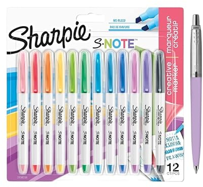 Sharpie S-Note Textmarker | Teils Kunstmarker, teils Textmarker zum Zeichnen, Schreiben und mehr | Pastellfarben | 12 Stück + Parker Jotter Pen (blaue Tinte)