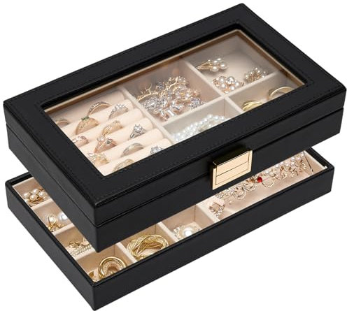 Seelux Plateau à Bijoux Empilable, Boîte à bijoux avec Couvercle en Verre, Séparateurs Amovibles pour Coiffeuse, Idéal Cadeau pour Filles et Femmes (Noir, L)