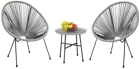 COSMO BUY Egg Chair Bistro Set Garden String Patio Furniture Seating Indoor & Outdoor Conversation Set Furniture Patio Egg chairs With Glass Top Round Coffee Table & Sofa For Home (Grey Colour)