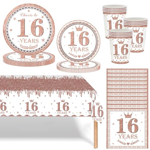 Rose Gold 16th Birthday Party Tableware Set,69pcs 16th Birthday Dinnerware Rosegold Party Paper Plates Cups Napkins and Tablecloth for 16 Years Old Girls Birthday Gifts Party Supplies Table Décor