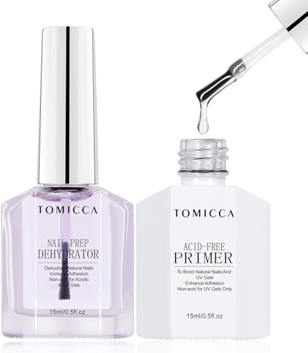 TOMICCA Primer Ongle Gel UV et Nail Déshydrateur Set, 2 * 15ML Sans Acide Séchage Rapide Vernis Semi Permanent en Acrylique Gel Ongles en Primer, Protéger Ongles Naturels