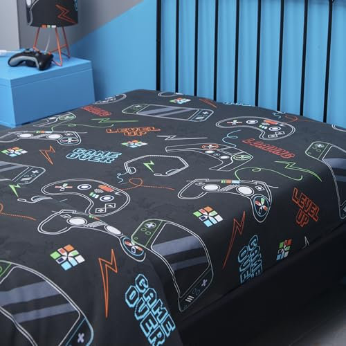 Happy Linen Company Girls Boys Kids Gaming Controller Black Single Fitted Sheet Bedsheet Bedding Bed Linen