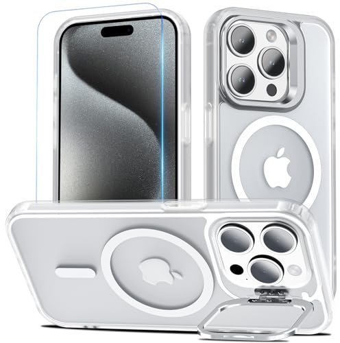 Kuaguozhe für iPhone 15 Pro Hülle, Handyhülle für iPhone 15 Pro mit Schutzfolie, Kompatibel mit MagSafe, integrierter Versteck Ständer Magnetisch Stoßfest Schutzhülle für iPhone 15 Pro (Transparent)