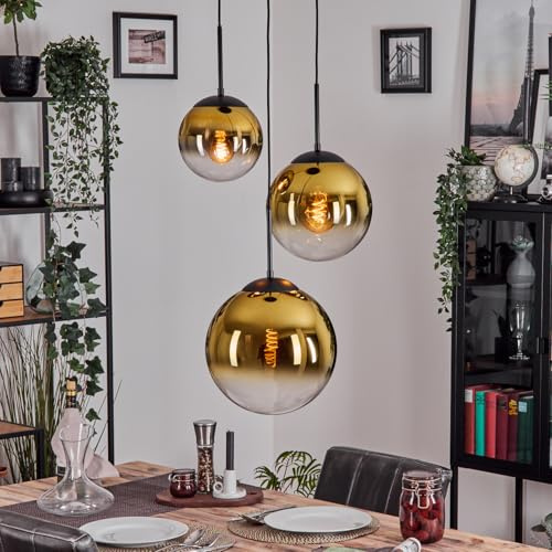 HOFSTEIN Hängeleuchte Gastor, 3-flammige Hängelampe aus Metall/Glas in Schwarz/Goldfarben/Klar, moderne Pendelleuchte im Retro/Vintage-Design, Ø Schirme 20; 25; 30cm, E27, Esszimmer, Küche, Wohnzimmer