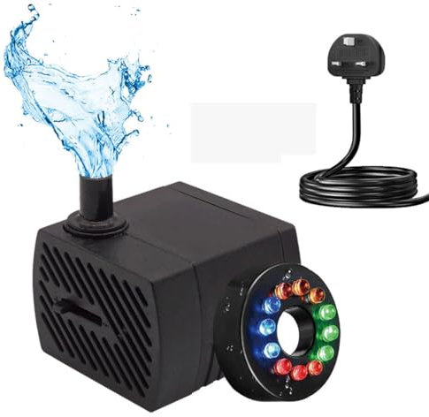 GERUI Small Water Feature Pump with 12 LED Lights, Small Submersible Water Pump 180L/H, 3W, Height of 0.55m, Adjustable Ultra Silent Water Pump for Fish Tank, Pet Fountain, Aquarium, Hydroponics