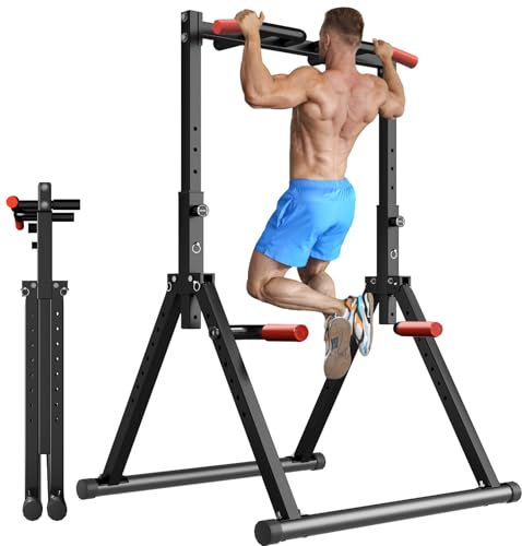 WATBKHE Power Tower Pull Up Dip Station Foldable, Pull Up Bar Station Adjustable, Multi-Function Home Gym, Strength Training Fitness Equipment