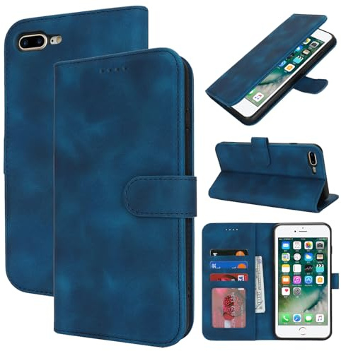 Zouzt Hülle für iPhone 8 Plus/7 Plus, Premium PU Leder, Vintage Blau | Handyhülle mit Kartenfächern, Magnet Klapp Schutzhülle, Stoßfeste TPU-Innenhülle, Frauen Männer, Leather Wallet Phone Case