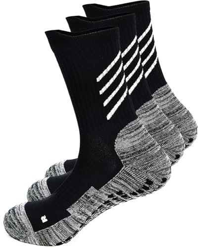HIKERHEAVENLAR Schwarz Rutschteste Fussballsocken Herren Grip Fußball Socken Damen Yogasocken Baumwolle Gripy Sportsocken Basketball Tennis Gym Golf Wander Handball 36-42 Schwarzgrau M 3P