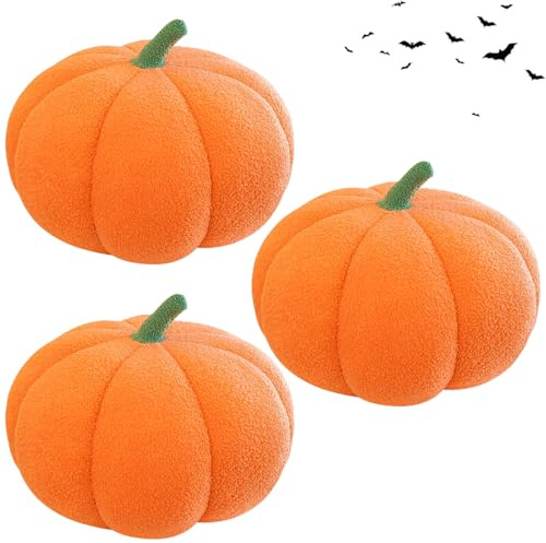 3 Stück Herbst Kürbis Kissen,Erntedankfest Deko Kürbis Kissen,3D Plüsch Kürbis Dekokissen Kopfkissen,Herbstdeko Kürbis Zierkissen,Pumpkin Pillow,für Erntedankfest Halloween Schlafzimmer Sofa(Orange)