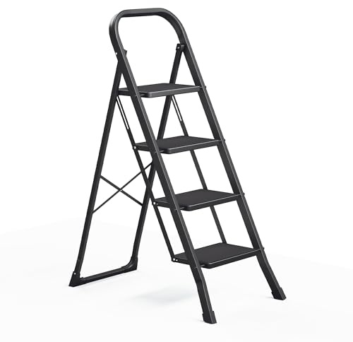 SONGMICS Marchepied 4 Marches Pliable, Escabeau, Charge 150 kg | Verrou de Sécurité, Facile à Ranger, Noir, Collection BRODY GSL004BZ01