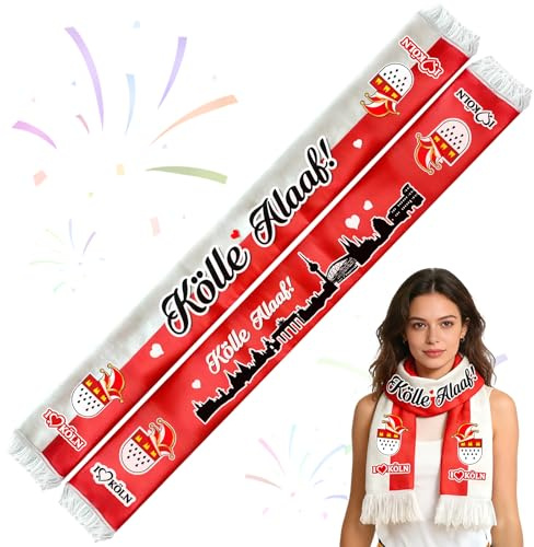 KERYBW 2 Stück Köln Karneval Schal, Doppelseitiger Kurzflor Schal mit KÖLLE ALAAF für Karneval Fasching, 14 x 140 cm, 2 Verschiedene Muster für Damen Herren, Rot Weiss