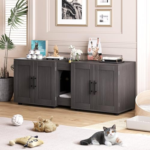 GarveeLife Dual Room Wooden Cat Litter Box Enclosure for 2 Cats - Hidden Cat Washroom Cabinet with Scratching Mat, Storage Cabinet, Waterproof & Easy-Clean Surface, 55 x 17.7 x 22.5 – Walnut