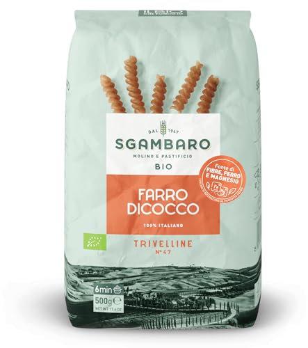 Sgambaro Pasta di Farro Selezione Bio Trivelline N.47 - 500g Pasta Farro 100% Italiana - a Basso Contenuto di Grassi, Fonte di Fibre, Proteine e Zinco - Ideale per Diete Sane e Naturali
