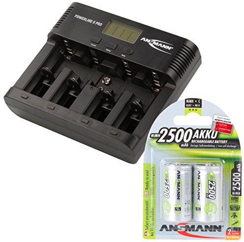 ANSMANN Akku-Ladegerät für AA/AAA/C/D/9V-Block NiMH Akkus - Batterieladegerät mit 5 Ladeprogrammen: Laden, Entladen, Testen, Refresh, Schnellladen + USB - Powerline 5 Pro + 2x 2500mAh Baby C Akkus