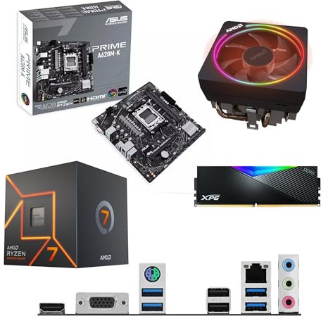 AMD Ryzen 7 7700 3.8Ghz (Turbo 5.3Ghz) 8 Core 16 Thread CPU, ASUS PRIME A620M-K Motherboard & 16GB 6400Mhz ADATA RGB DDR5 RAM Pre-Built Bundle
