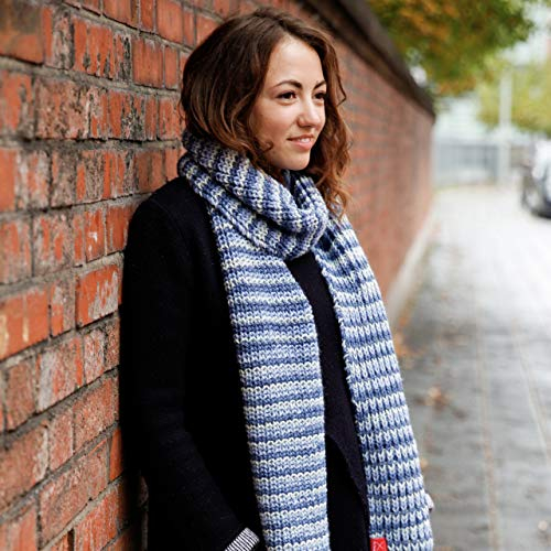 Schal Stricken -DIY Fransenschal Eiskristall- Schal Strickset Blau-Mix: 5X Merinowolle + Stricken Anleitung + GRATIS Label INKL. Rundstricknadel 6,5mm – Stricken Set Myoma