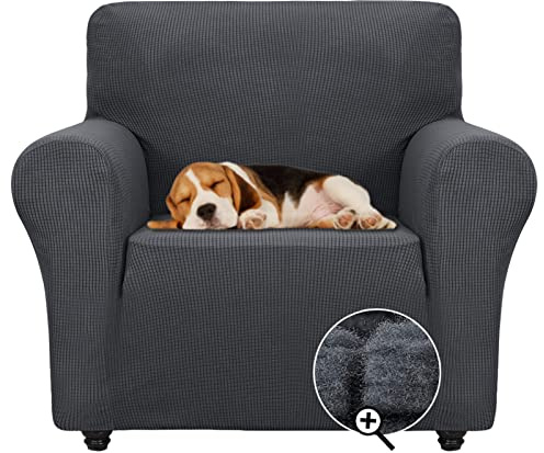 ZNSAYOTX Super Stretch Chair Slipcover Universal Sofa Chair Covers for Living Room Dogs Pet Furniture Protector Spandex Armchair Slipcovers with Anti Slip Foam Sticks (Dark Grey, Chair)