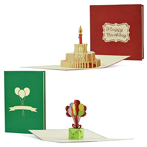 Geburtstagskarten Set, 2 Glückwunschkarten mit 3D Geburtstagsballons und Geburtstagstorte, Gutschein, Einladung, Geschenk und Geldgeschenke Verpackung, Set11