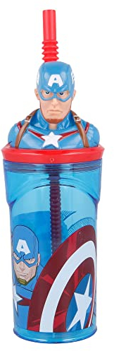 Bicchiere con Cannuccia per Bambini 3D con Grafica di Marvel Captain America da 295 ml, senza BPA, Lavabile e Riutilizzabile